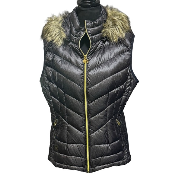 Michael Kors Black Down Puffer Vest XL Faux Fur Hood Removable Zip Winter Coat - Picture 1 of 11